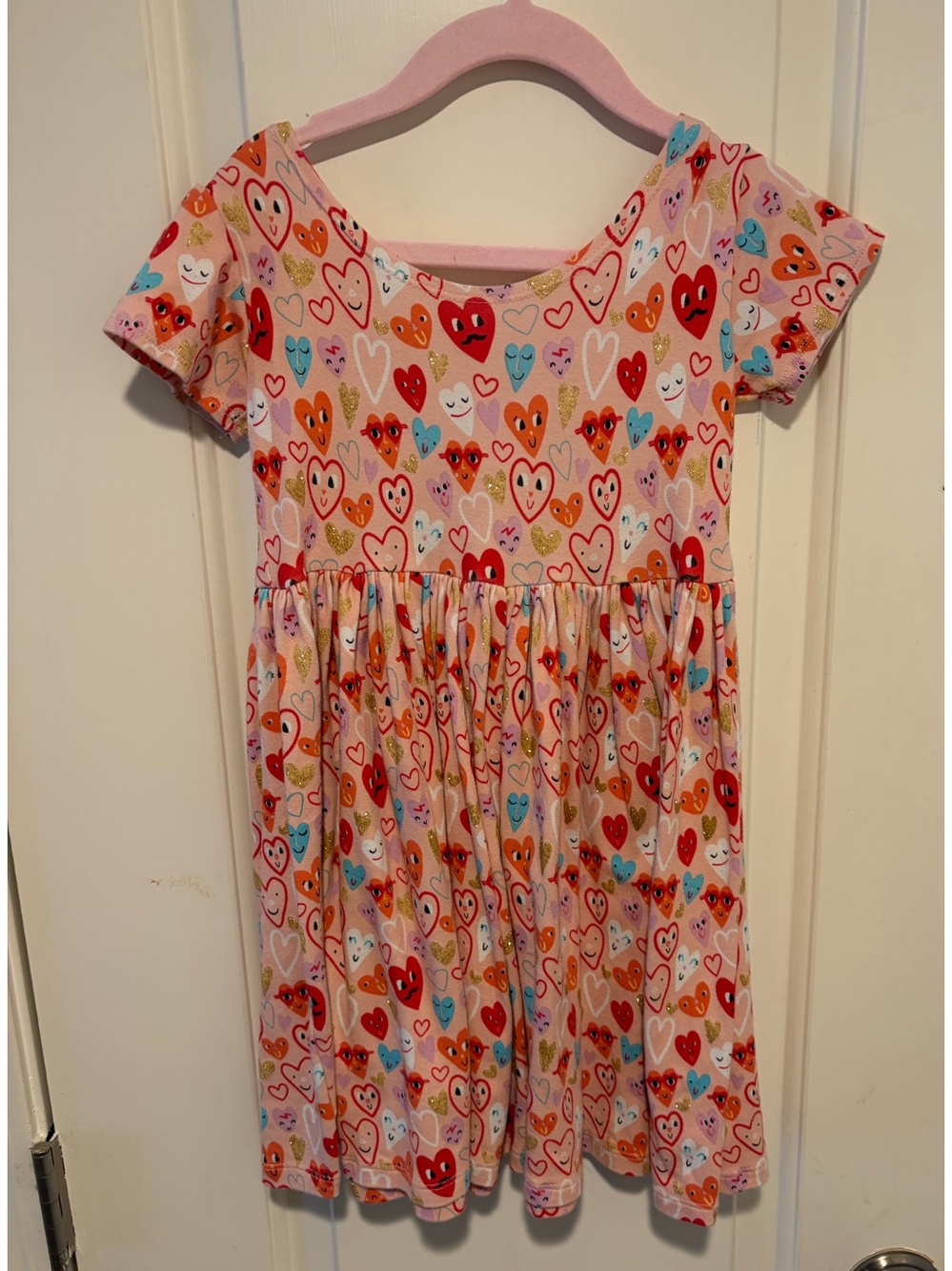 Girls' Pink Heart Print Short Sleeve Casual Dress